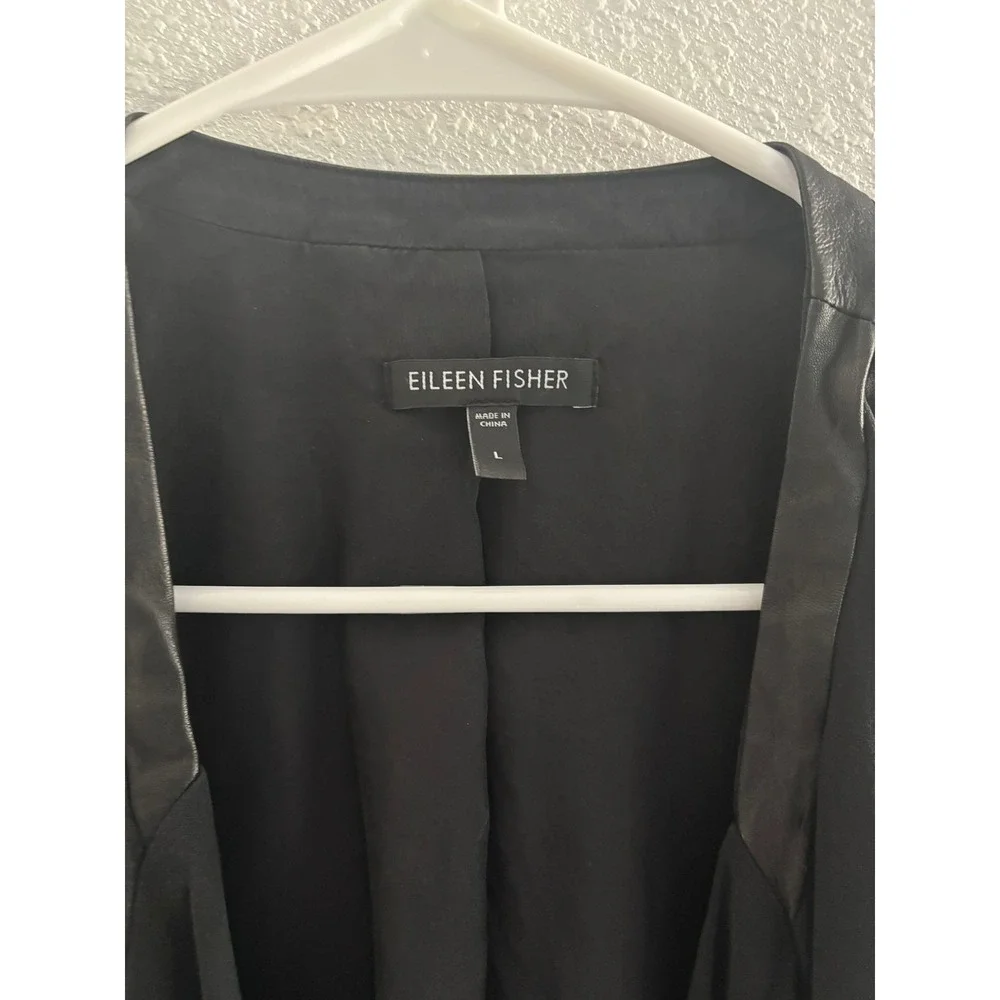 Eileen Fisher Georgette Crepe Jacket Womens Large Black Silk Leather Sustainable